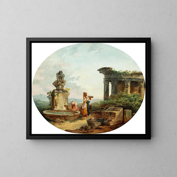 Landscape painting with washerwomen at a fountain - Hubert Robert — framed artwork on a wall