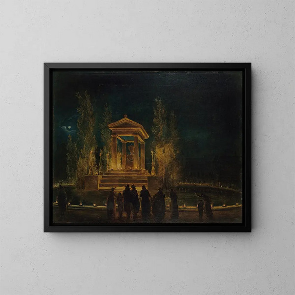 The Provisional Mausoleum of Jean-Jacques Rousseau on the Tuileries Basin before the translation of his ashes to the Pantheon, night of October 10 to 11, 1794 - Hubert Robert — framed artwork on a wall
