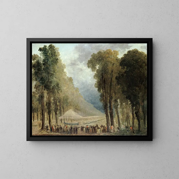 a Meal served to troops in a walkway of the Champs-Élysées or in the Saint-Cloud park - Hubert Robert — framed artwork on a wall