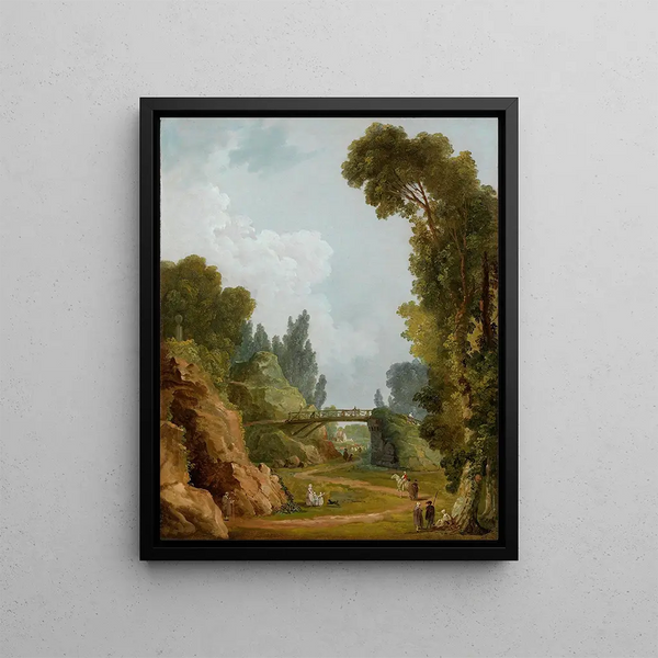 the Rustic Bridge Painting Château de Méréville France - Hubert Robert — framed artwork on a wall