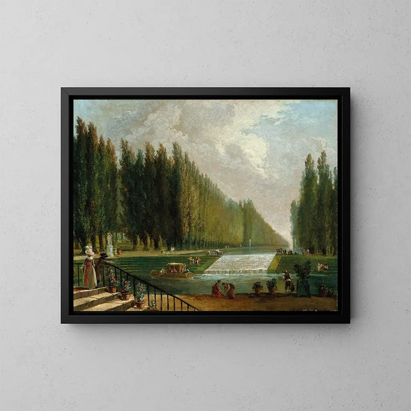 The park of a country villa with characters strolling near a water cascade - Hubert Robert — framed artwork on a wall