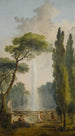 View of a Garden with a Large Fountain at the Center and Characters Relaxing and Dancing in the Foreground - Hubert Robert — artwork view