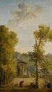 View of a walled garden courtyard with a woman feeding chickens and other characters in the foreground - Hubert Robert — artwork view