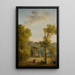 View of a walled garden courtyard with a woman feeding chickens and other characters in the foreground - Hubert Robert — framed artwork on a wall