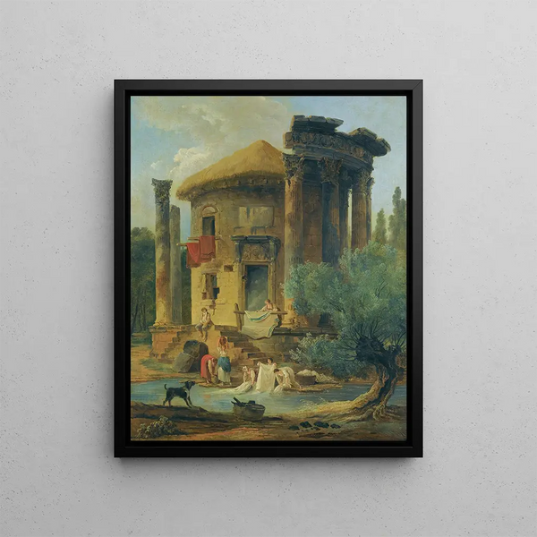 Lavandières au bord d'une rivière sous un temple circulaire en ruine - Hubert Robert — framed artwork on a wall