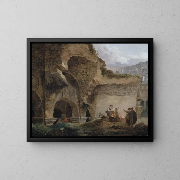 Washers in the Ruins of the Colosseum - Hubert Robert — framed artwork on a wall