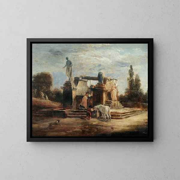 les lavandières à la fontaine - Hubert Robert — framed artwork on a wall
