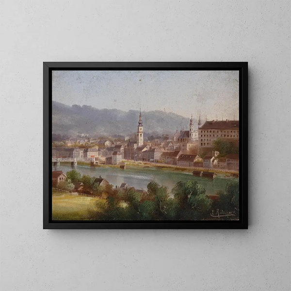Vista de Linz - Hubert Sattler — cuadro enmarcado en la pared