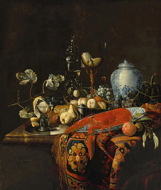 Huybert van Westhoven - A monumental still life with fruit and various objects.webp