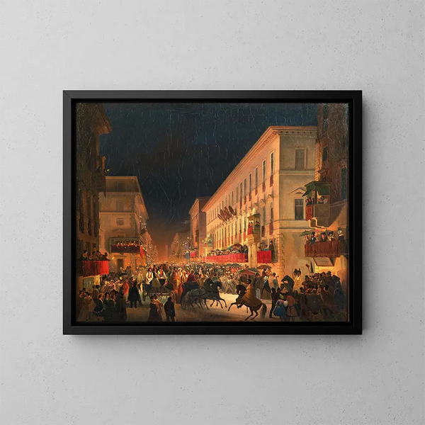 Carnaval en Roma, la fiesta de los Moccoletti - Ippolito Caffi — cuadro enmarcado en la pared