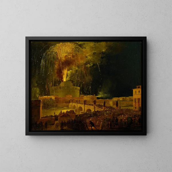Los fuegos artificiales de la Girandole desde el Castel Sant'Angelo en Roma - Ippolito Caffi — cuadro enmarcado en la pared