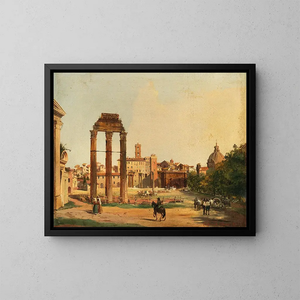 Vista del Foro romano con el templo de Castor y Pollux - Ippolito Caffi — cuadro enmarcado en la pared