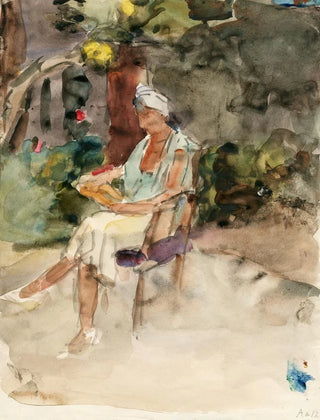 Isaac Israls - Lezende vrouw op een stoel in een tuin.webp