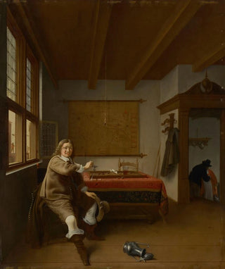 Isaac Koedijck - A man holding an overturned wine glass in an interior with two servants kissing in a doorway beyond.webp