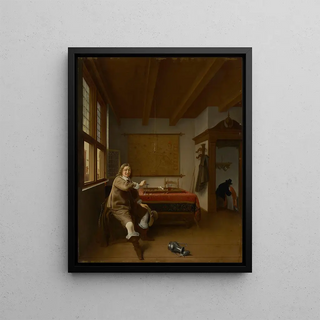 Isaac Koedijck - A man holding an overturned wine glass in an interior with two servants kissing in a doorway beyond.webp