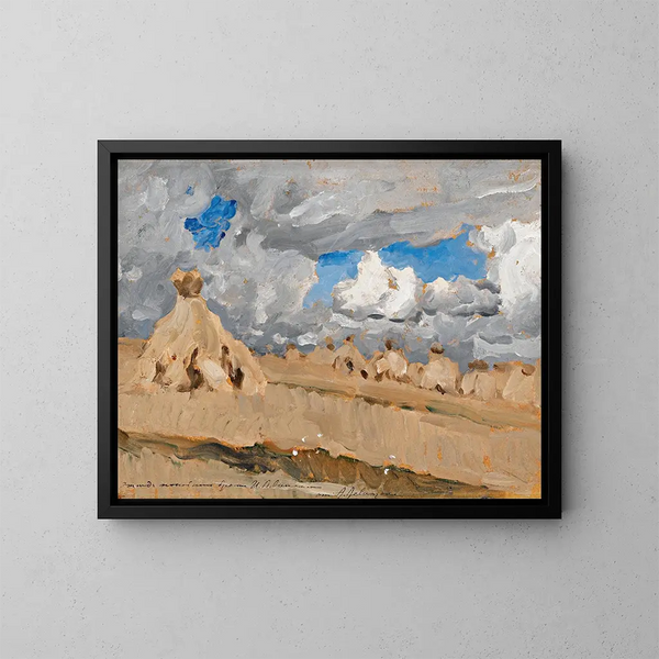 Haystacks in a Russian landscape - Isaac Levitan — framed artwork on a wall