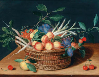 Isaac Soreau - Apricots cherries plums radishes and asparagus in a wicker basket.webp