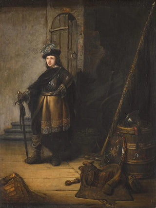 Isaac de Jouderville - An officer standing in a guardroom before a doorway.webp