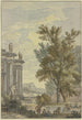 View of park on the left a building with columns and statues in front of a basin on which a gondola navigates - Isaac de Moucheron — artwork view
