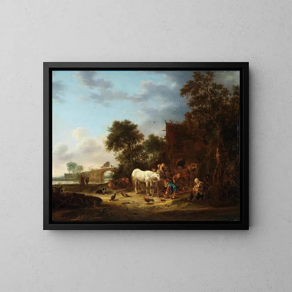 de la posada campestre con un caballo en el abrevadero - Isaac van Ostade — cuadro enmarcado en la pared