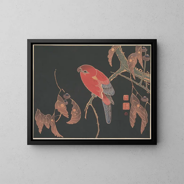 Perroquet rouge sur la branche d'un arbre - Itō Jakuchū — cuadro enmarcado en la pared