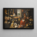 Interior kitchen painting with a chef and his assistant surrounded by meats and kitchen utensils, a fireplace on the right - Italian-Flemish School — framed artwork on a wall