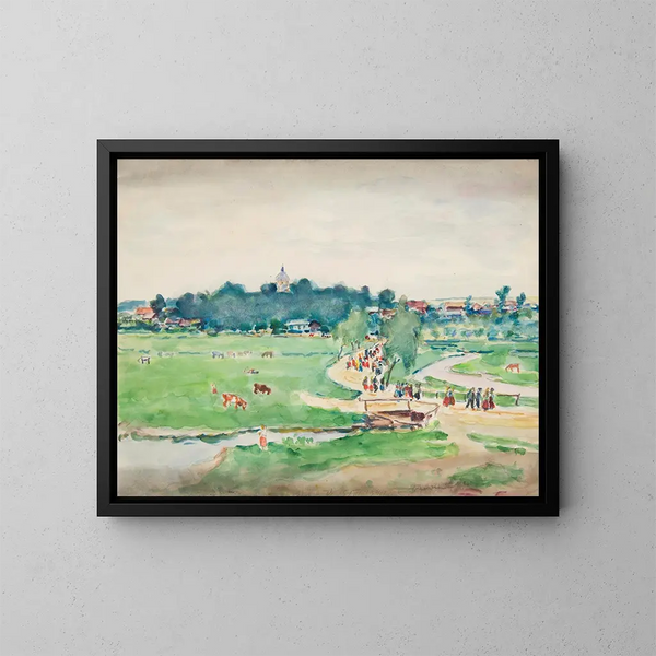 Paisaje rural con un personaje - Ivan Ivanec — cuadro enmarcado en la pared