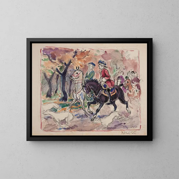 Escena de género: pareja con trajes del siglo XVIII a caballo en el bosque - Ivan Ivanec — cuadro enmarcado en la pared