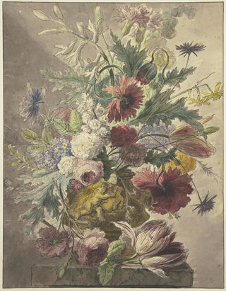 J H Van Loon - Blumenstrau in einer Vase mit Basrelief vorne liegt eine Rose und eine Tulpe.webp