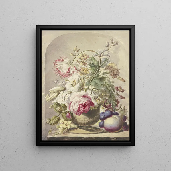 J H Van Loon - Bouquet In Einer Vase Vorne Rechts Ein Pfirsich Und Einige Trauben.webp