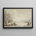 Winter landscape painting on the river, skaters on the left on the quay, a car - J H van Loon — framed artwork on a wall