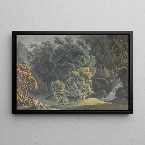 J S Barth - River Scene with Waterfall and High Trees.webp