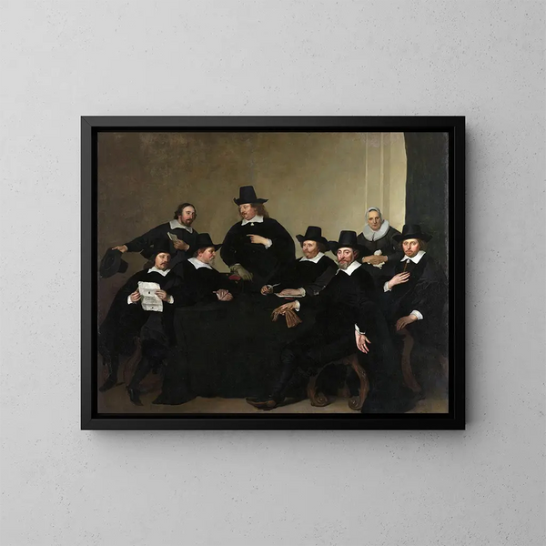 Los regentes del instituto Nieuwe Zijds para la ayuda exterior de los pobres, Ámsterdam, hacia 1650 - Jacob Adriaensz Backer — cuadro enmarcado en la pared