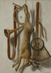 un cuadro trompe-l'œil de una corneta de caza y una bolsa de caza - Jacob Biltius — vista de la obra