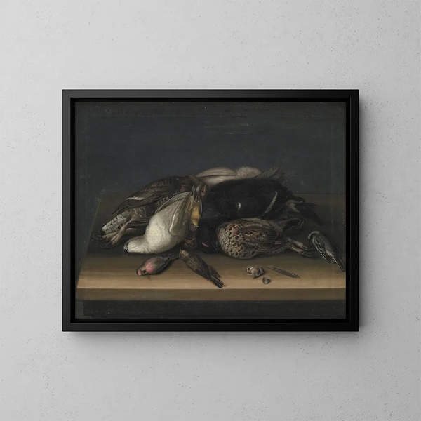 Aves salvajes sobre una mesa de madera - Jacob Biltius — cuadro enmarcado en la pared