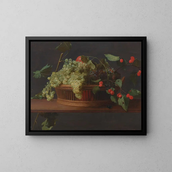 Un cesto de uvas y frambuesas sobre un alféizar, óleo sobre panel - Jacob Foppens van Es — cuadro enmarcado en la pared