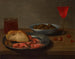 Un plato de camarones y un rollo, un bol de aceitunas, un faisán de Venecia, un vaso de cerveza y almendras sobre una mesa - Jacob Foppens van Es — vista de la obra