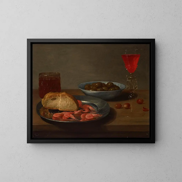 Un plato de camarones y un rollo, un bol de aceitunas, un faisán de Venecia, un vaso de cerveza y almendras sobre una mesa - Jacob Foppens van Es — cuadro enmarcado en la pared