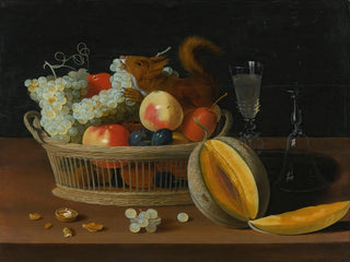 Jacob Foppens van Es - Still Life With A Basket Of Fruit And A Squirrel Glasses And A Cut Melon On A Tabletop.webp