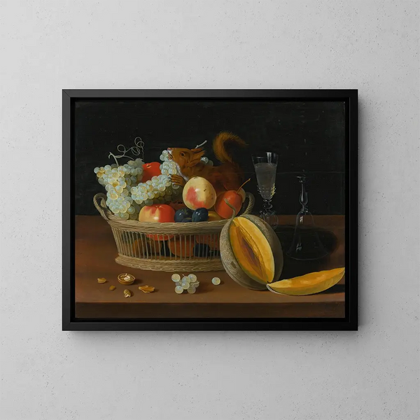 naturaleza muerta con una cesta de frutas, gafas y un melón cortado sobre una mesa - Jacob Foppens van Es — cuadro enmarcado en la pared