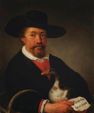 Jacob Gerritsz Cuyp - A man wearing a hat and holding a goose and letter.webp