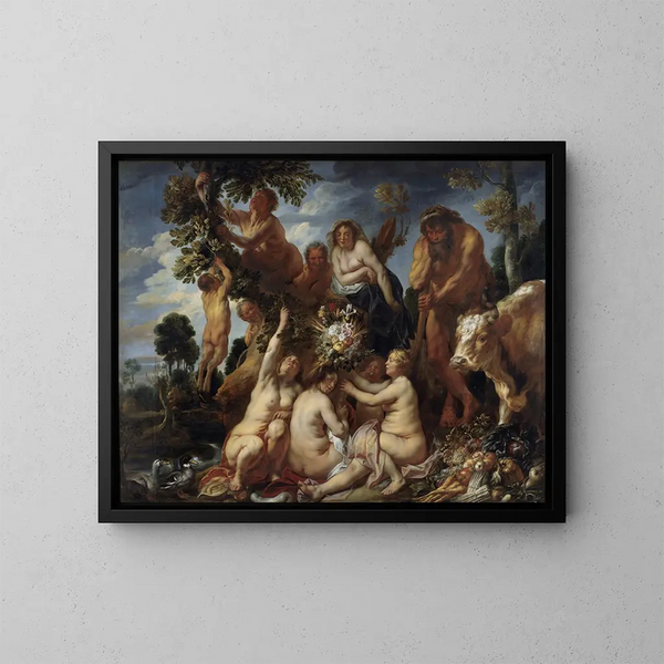 Achéloos vencido por Hércules, el origen de la cornucopia, alegoría de la fertilidad - Jacob Jordaens — cuadro enmarcado en la pared