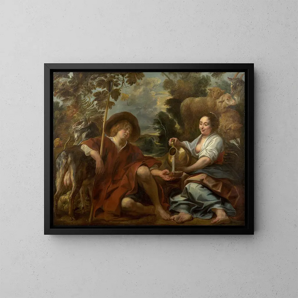 Bergère vertiendo leche a un pastor - Jacob Jordaens — cuadro enmarcado en la pared