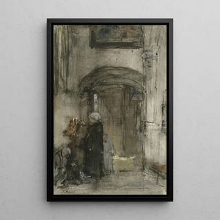 Jacob Maris - Vissersvrouw met haar dochtertje als bruidje steekt een kerkkaars aan.webp