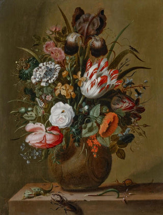 Jacob Marrel - Roses tulips an iris and other flowers in a stoneware vase on a ledge with a lizard stag beetle and snail.webp
