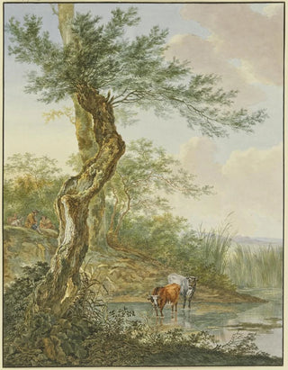 Jacob Perkois - Landschaft mit Wasser daran ein alter Weidenbaum im Wasser zwei Khe.webp