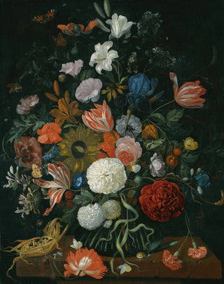 Jacob Rootius - Still Life Of Flowers In A Vase On A Stone Ledge With A Corn Cob And A Snail.webp