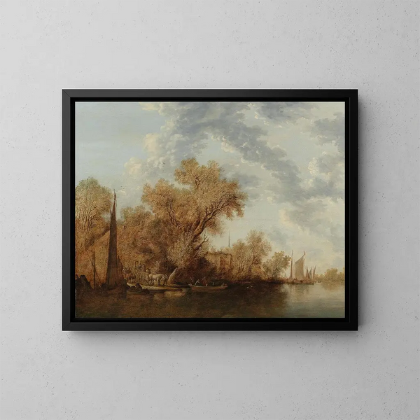A river landscape with barges - Jacob Salomonsz van Ruysdael — framed artwork on a wall