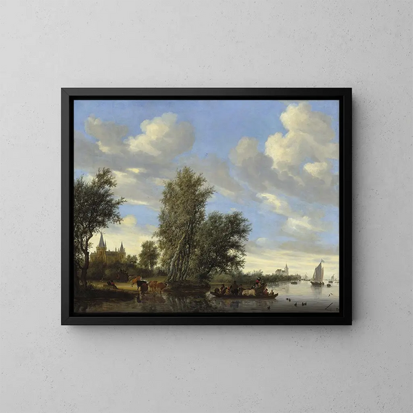 Landscape painting with ferry - Jacob Salomonsz van Ruysdael — framed artwork on a wall