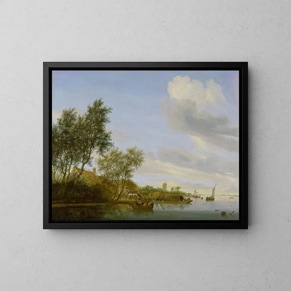 Landscape with a Ferry - Jacob Salomonsz van Ruysdael — framed artwork on a wall